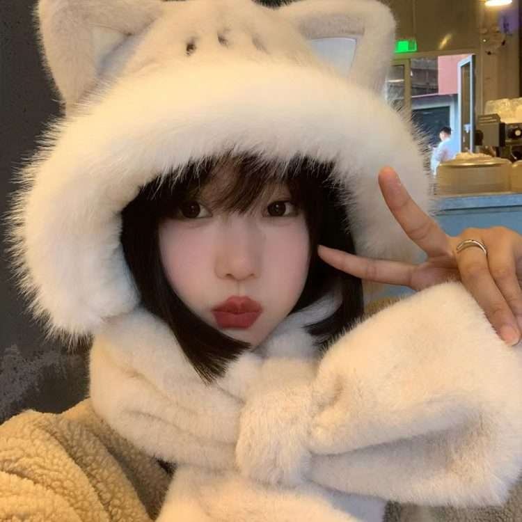 Autumn and winter warm cute little fox hat scarf all-in-one female plush thickened warm cold cap ear protection tide - Image 13