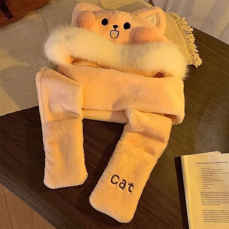 Panda plush hat scarf all-in-one female winter Korean version of the lovely thickened warm scarf gloves three-piece set - Image 3