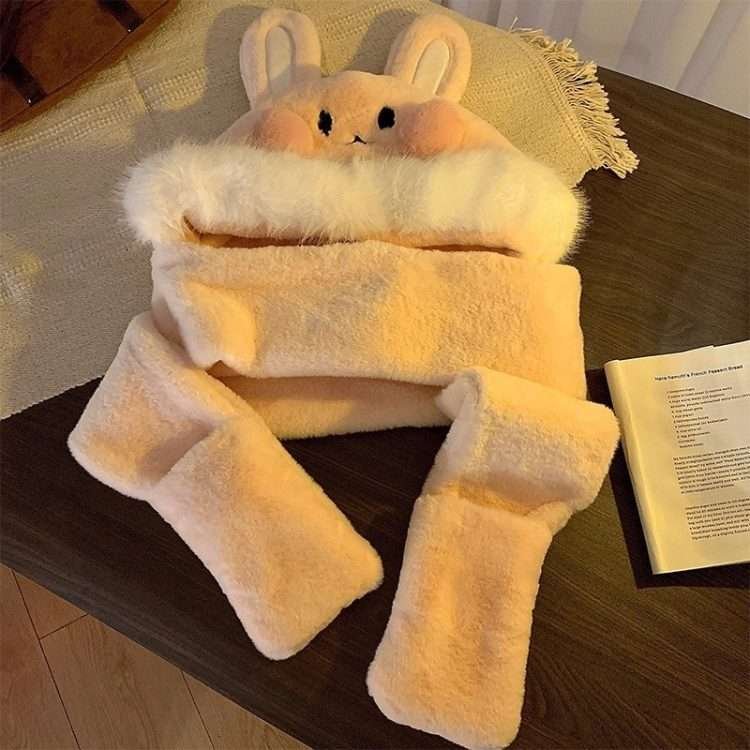 Panda plush hat scarf all-in-one female winter Korean version of the lovely thickened warm scarf gloves three-piece set - Image 4