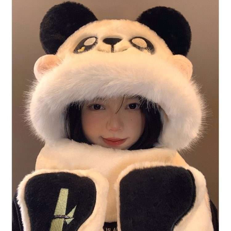 Panda plush hat scarf all-in-one female winter Korean version of the lovely thickened warm scarf gloves three-piece set - Image 6
