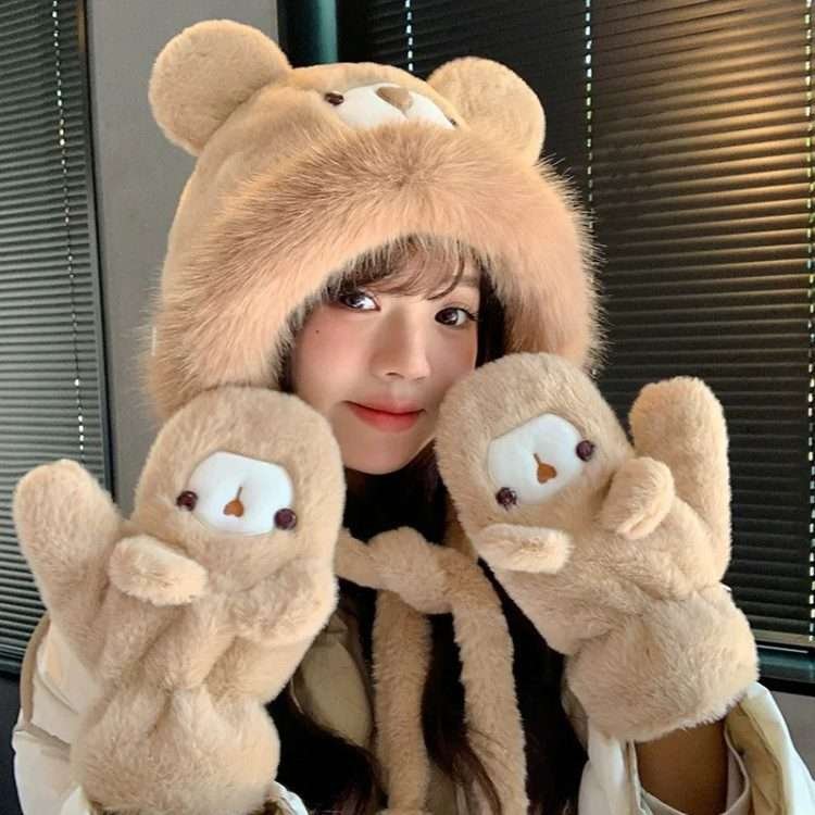 Plush bear ears hat women's fall and winter thickened warm ear protection over the head cap cute gloves - Image 11