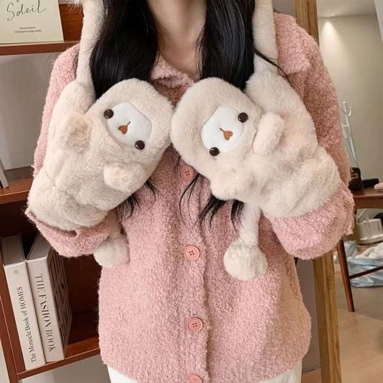 Plush bear ears hat women's fall and winter thickened warm ear protection over the head cap cute gloves - Image 10