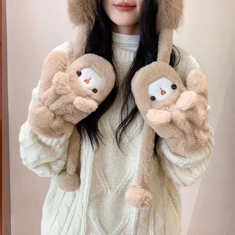 Plush bear ears hat women's fall and winter thickened warm ear protection over the head cap cute gloves - Image 9