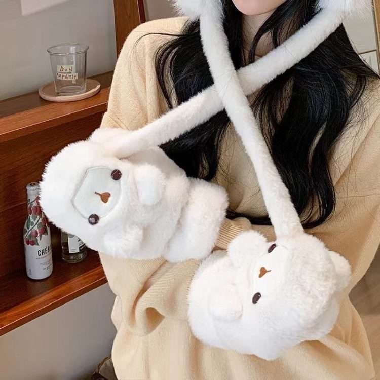 Plush bear ears hat women's fall and winter thickened warm ear protection over the head cap cute gloves - Image 8