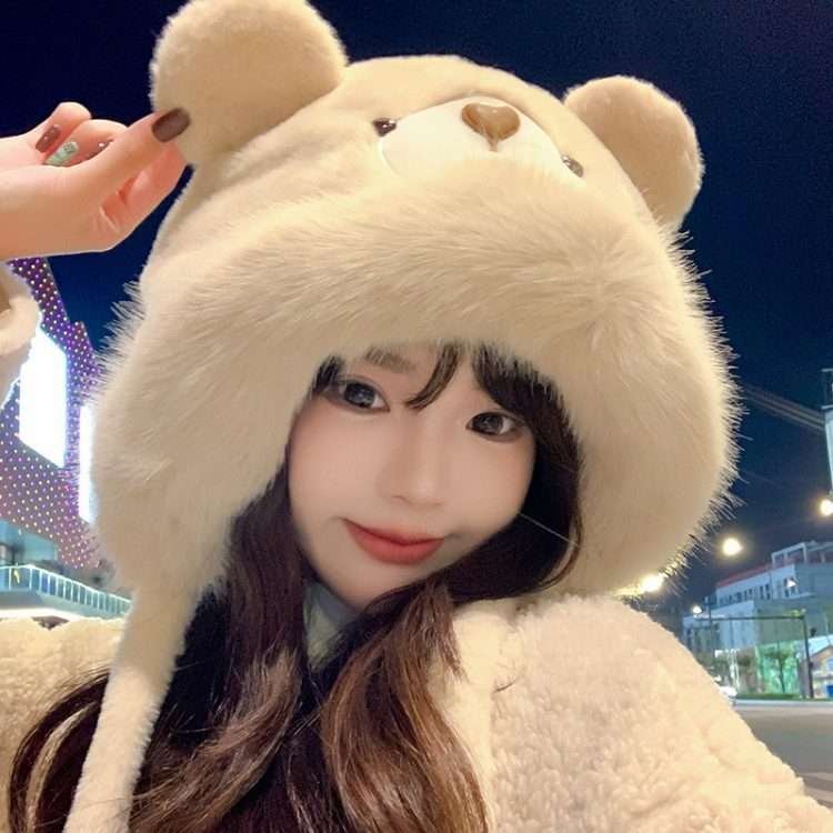 Plush bear ears hat women's fall and winter thickened warm ear protection over the head cap cute gloves - Image 7