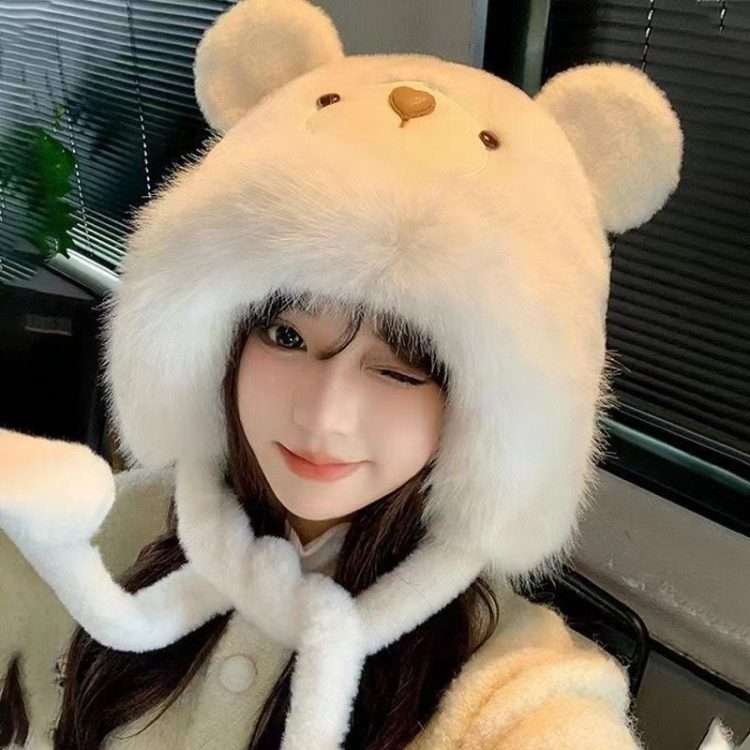 Plush bear ears hat women's fall and winter thickened warm ear protection over the head cap cute gloves - Image 6