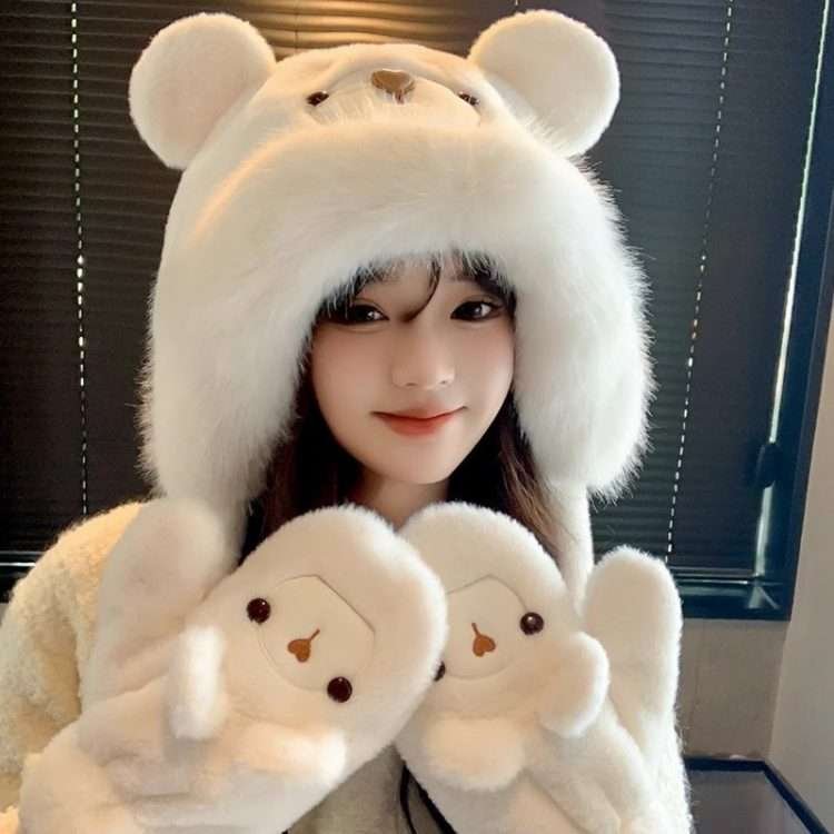 Plush bear ears hat women's fall and winter thickened warm ear protection over the head cap cute gloves - Image 3