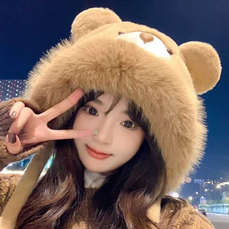Plush bear ears hat women's fall and winter thickened warm ear protection over the head cap cute gloves - Image 5