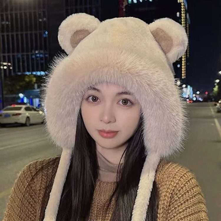 Plush bear ears hat women's fall and winter thickened warm ear protection over the head cap cute gloves - Image 4