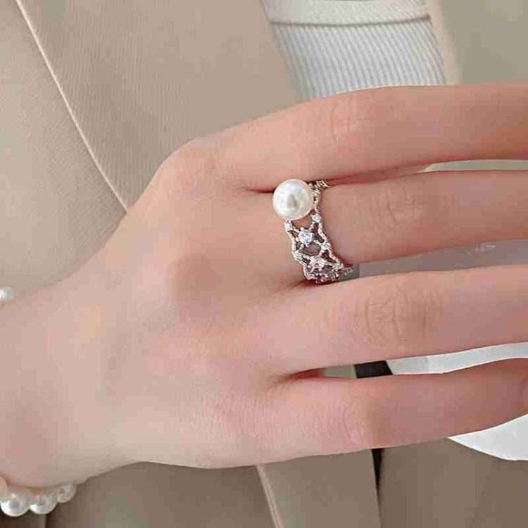 New S925 sterling silver court style real pearl hollow ring female French senior sense of light luxury style open finger ring - Image 4